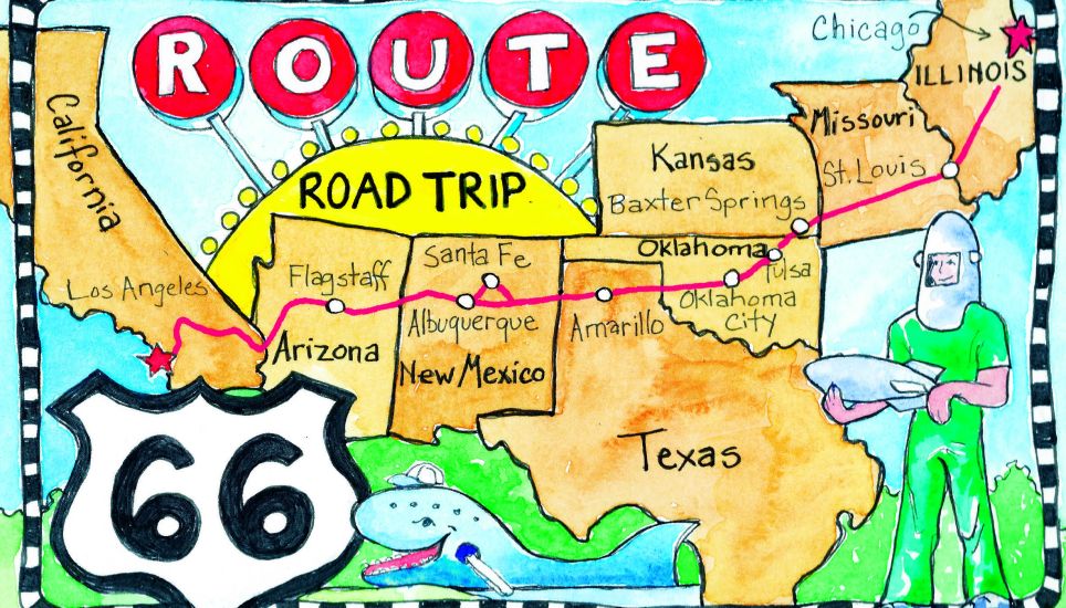 Illustrierte Karte der acht Route-66-Bundesstaaten von Chicago bis Kalifornien