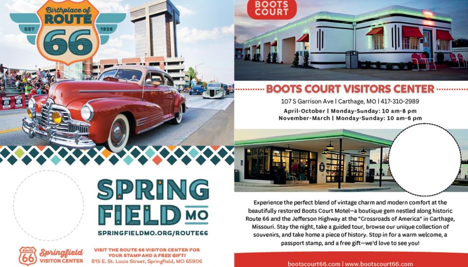 Route-66-Passport-Seiten zu Springfield und Boots Court mit Stempelfeldern