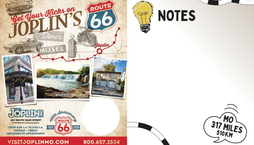 Double page du Passeport Route 66 consacrée à Joplin et aux notes de voyage